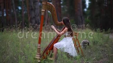 女<strong>竖琴</strong>演奏者坐在森林里，在松树的背景下演奏<strong>竖琴</strong>。